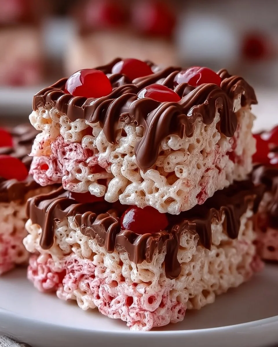 Delicious Cherry Rice Krispie Treats made with marshmallows and cherries