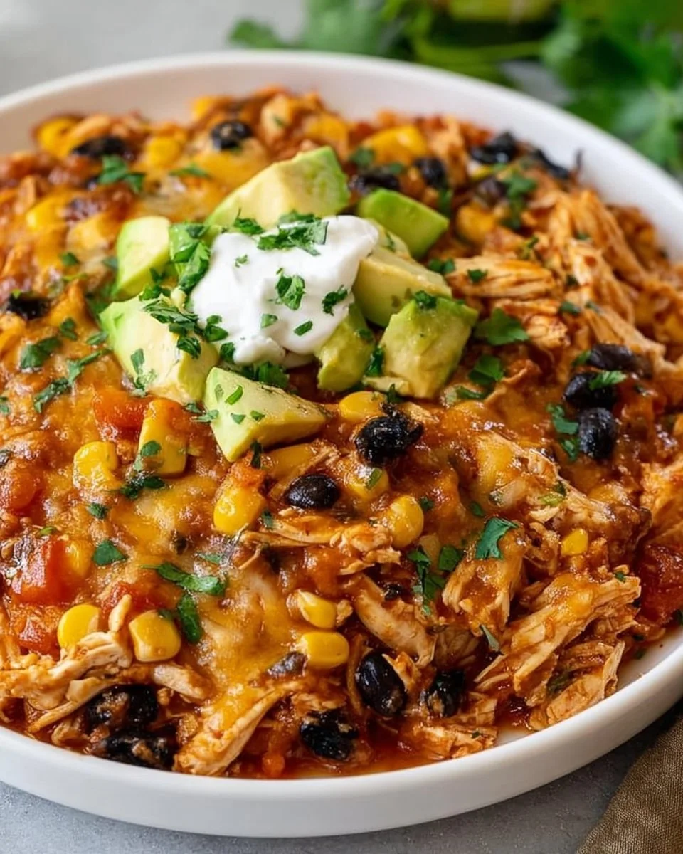 Delicious Chicken Enchilada Skillet topped with cheese and fresh ingredients.