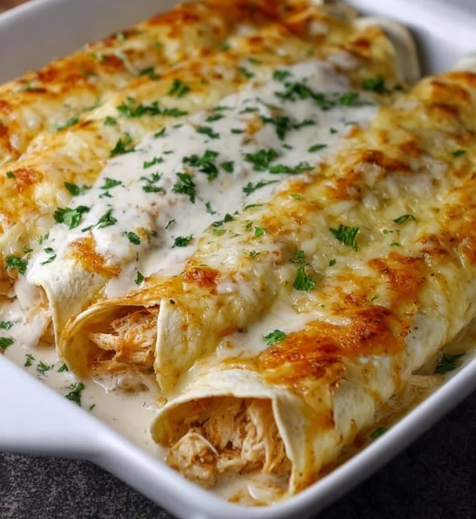 Plate of chicken enchiladas with sour cream white sauce, garnished with cilantro