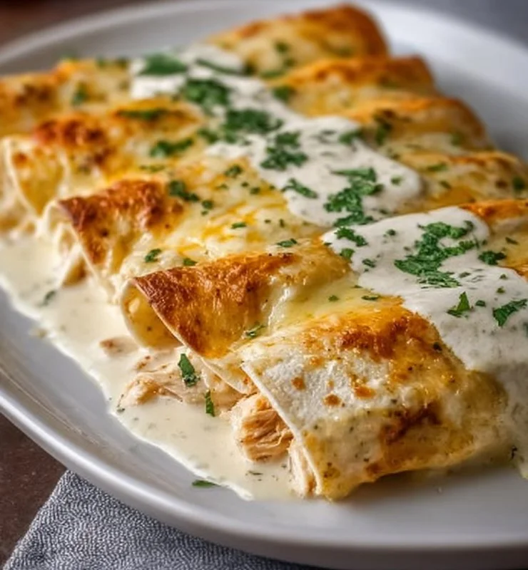 Plate of chicken enchiladas with creamy sour cream white sauce