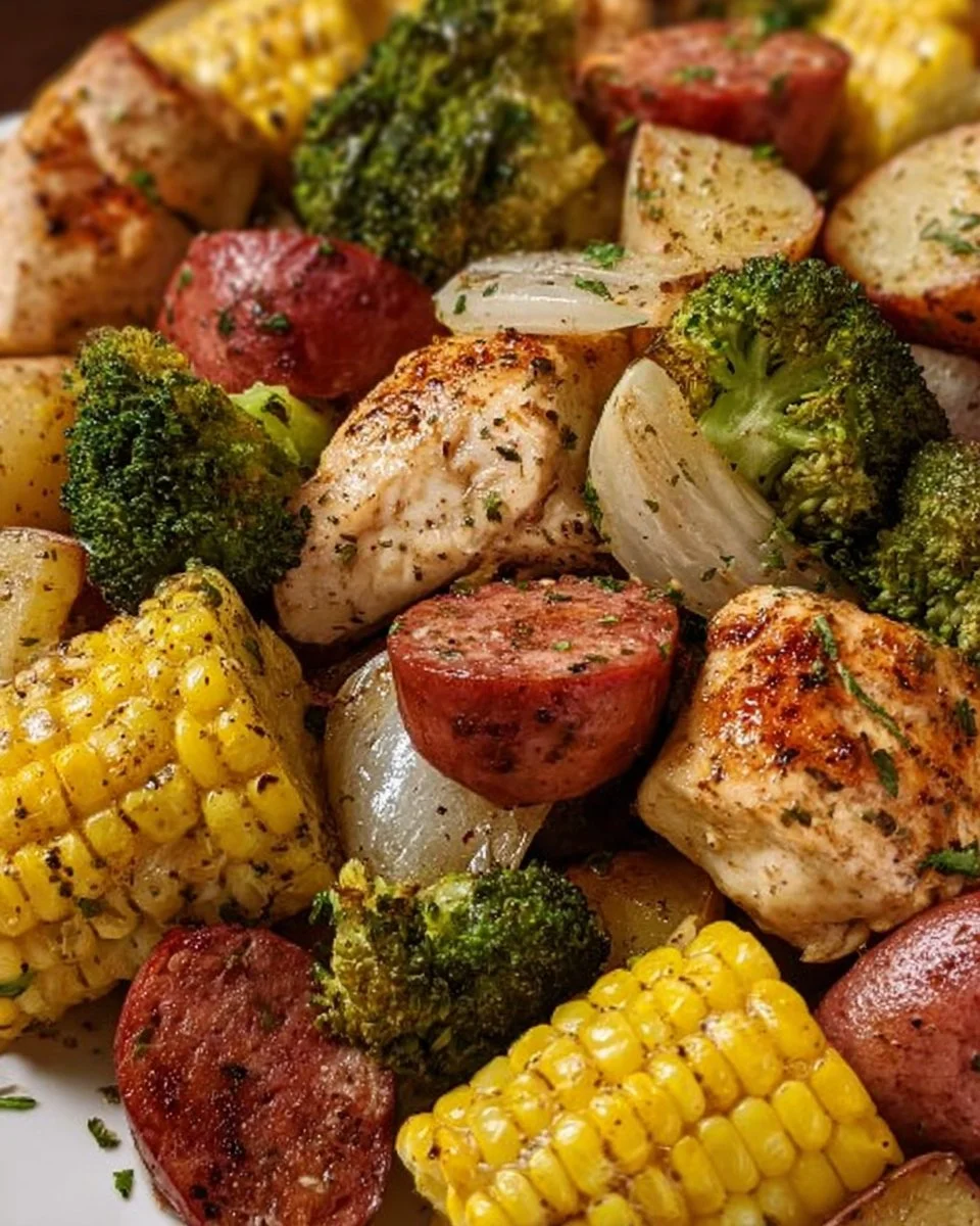Chicken, sausage, potatoes, broccoli, and corn in foil packets on a grill