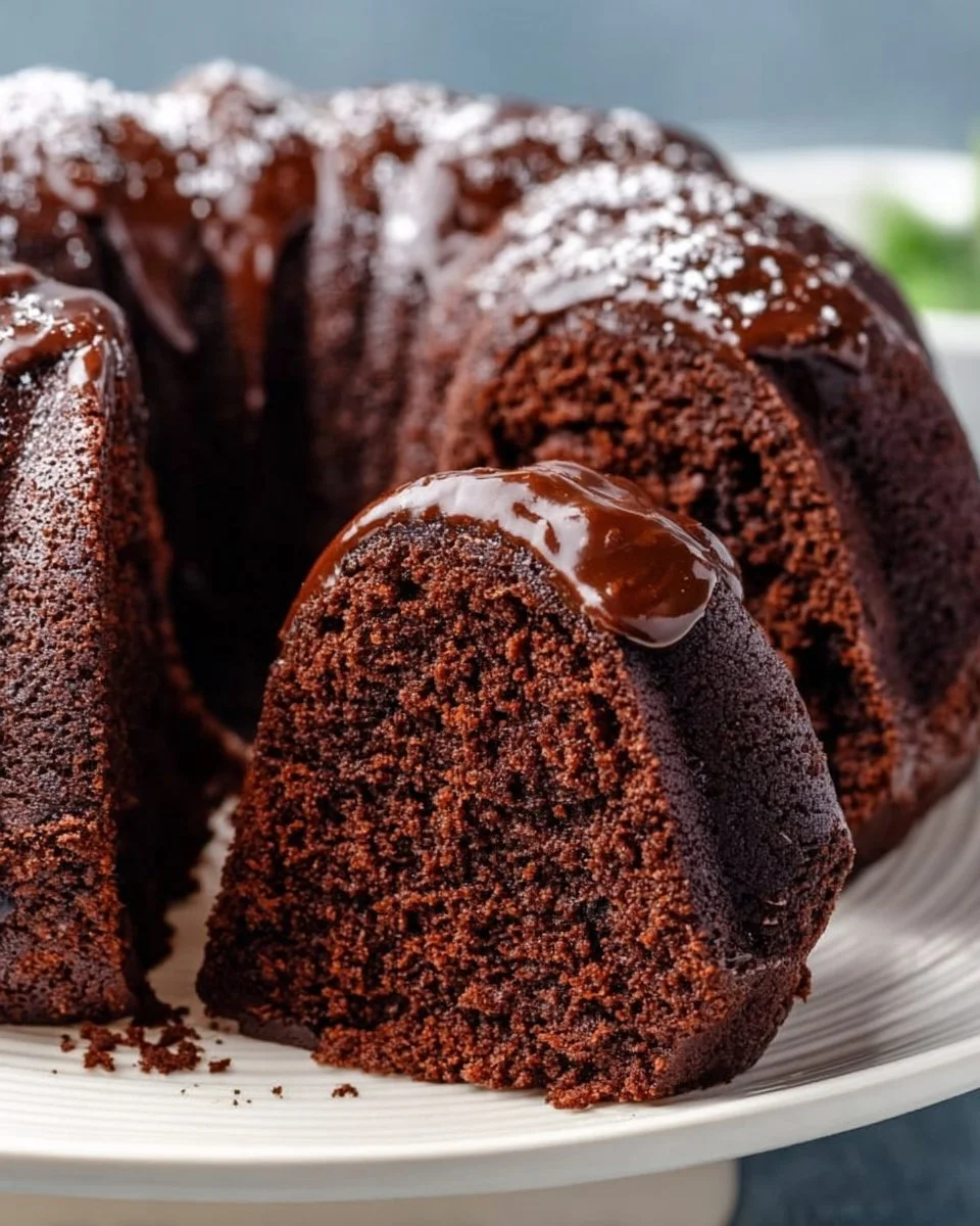 Delicious homemade Chocolate Bundt Cake with chocolate glaze