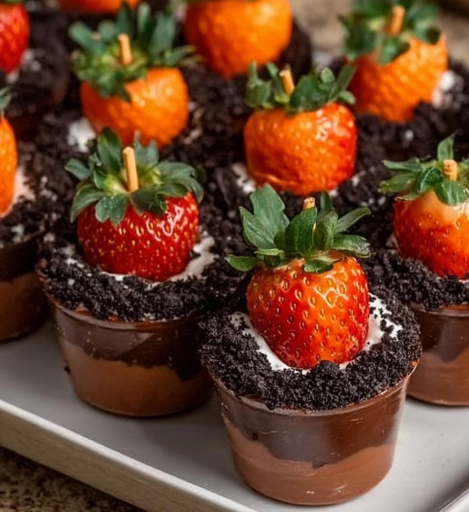 Chocolate Dirt Carrot Strawberry Cups - a unique dessert in chocolate cups
