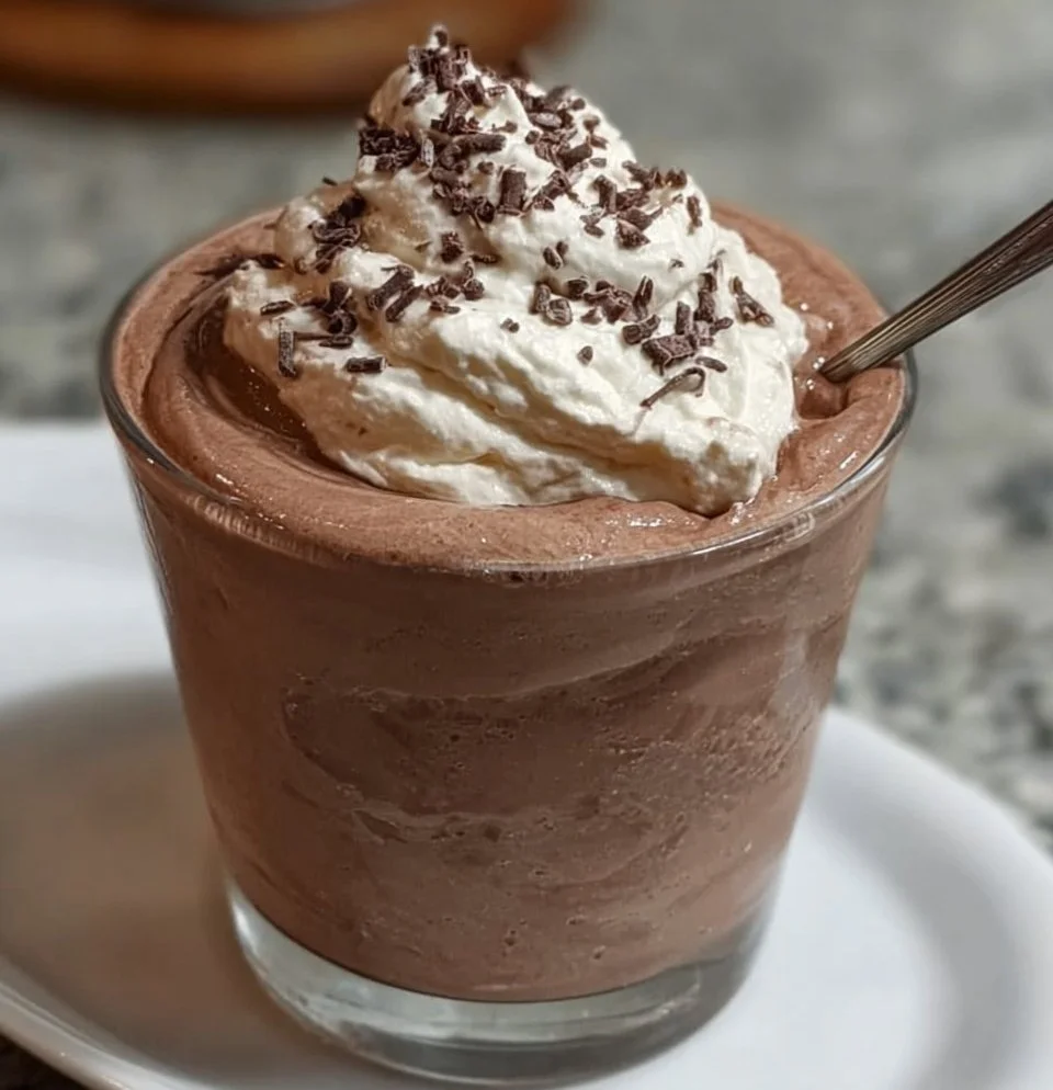 Chocolate Frosty style frozen drink in a glass with whipped cream on top