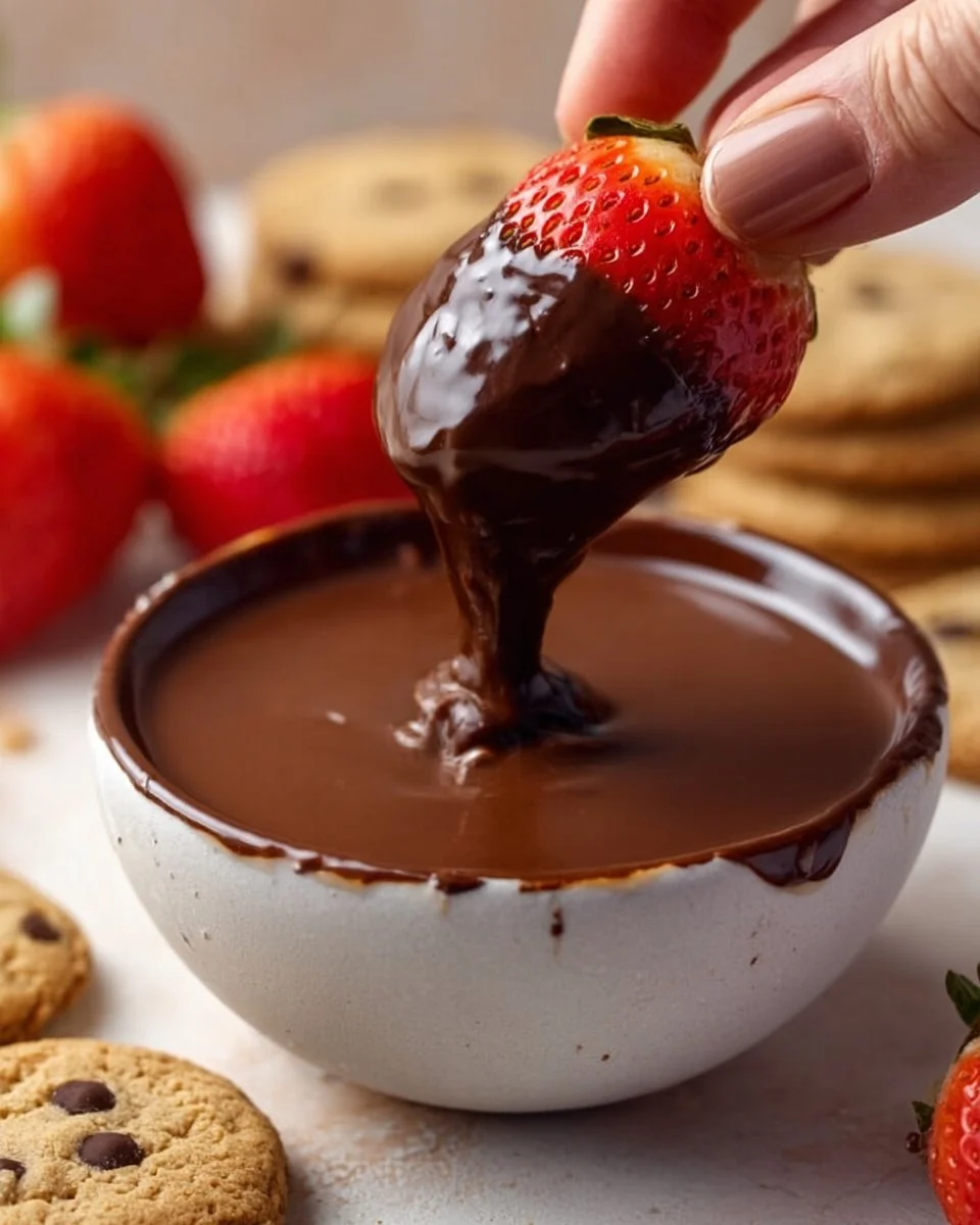 Delicious chocolate ganache dip served with fresh fruits and snacks.