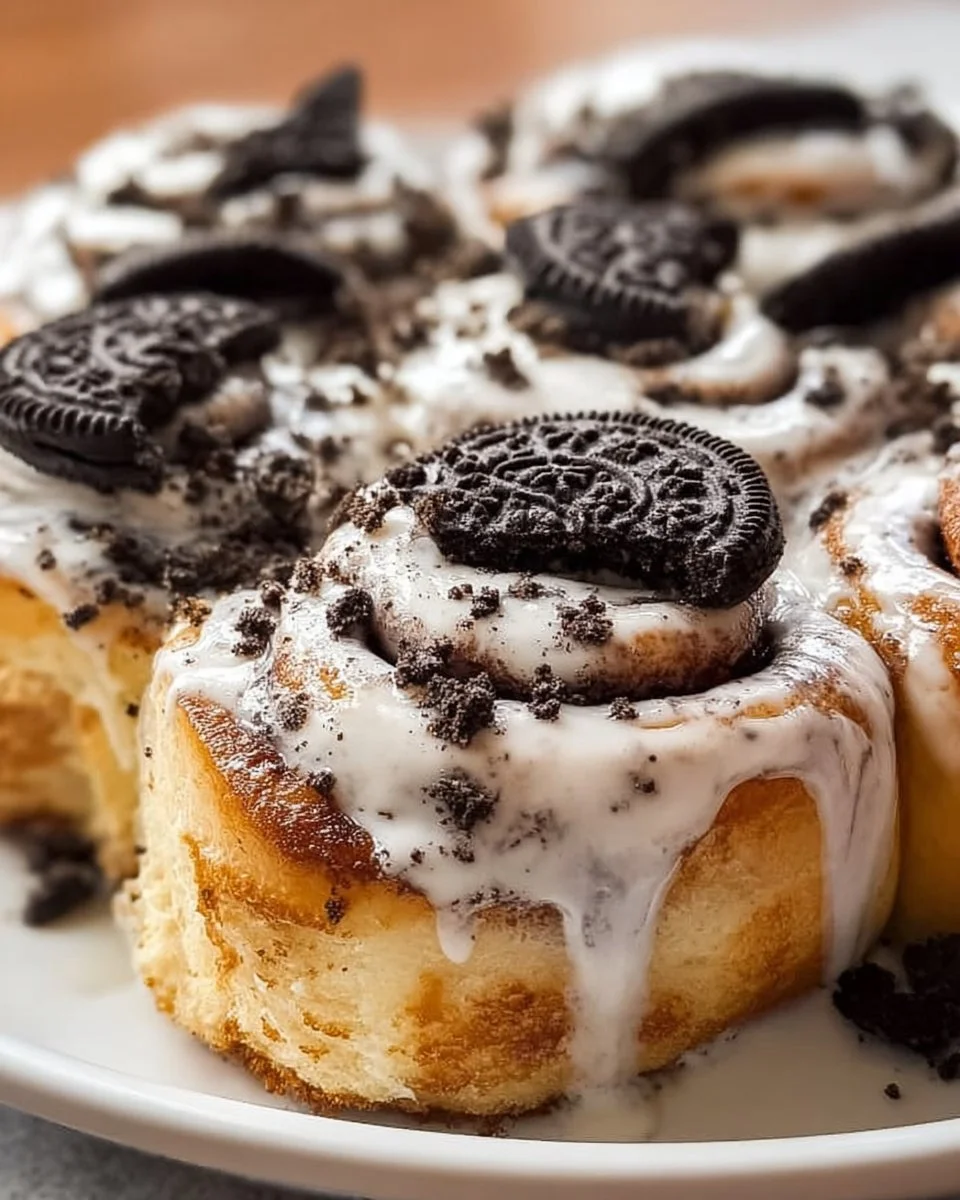 Delicious Cookies and Cream Cinnamon Rolls topped with creamy icing.