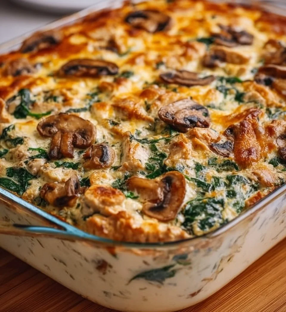 Delicious Cowboy Creamy Chicken Spinach and Mushroom Bake served in a dish