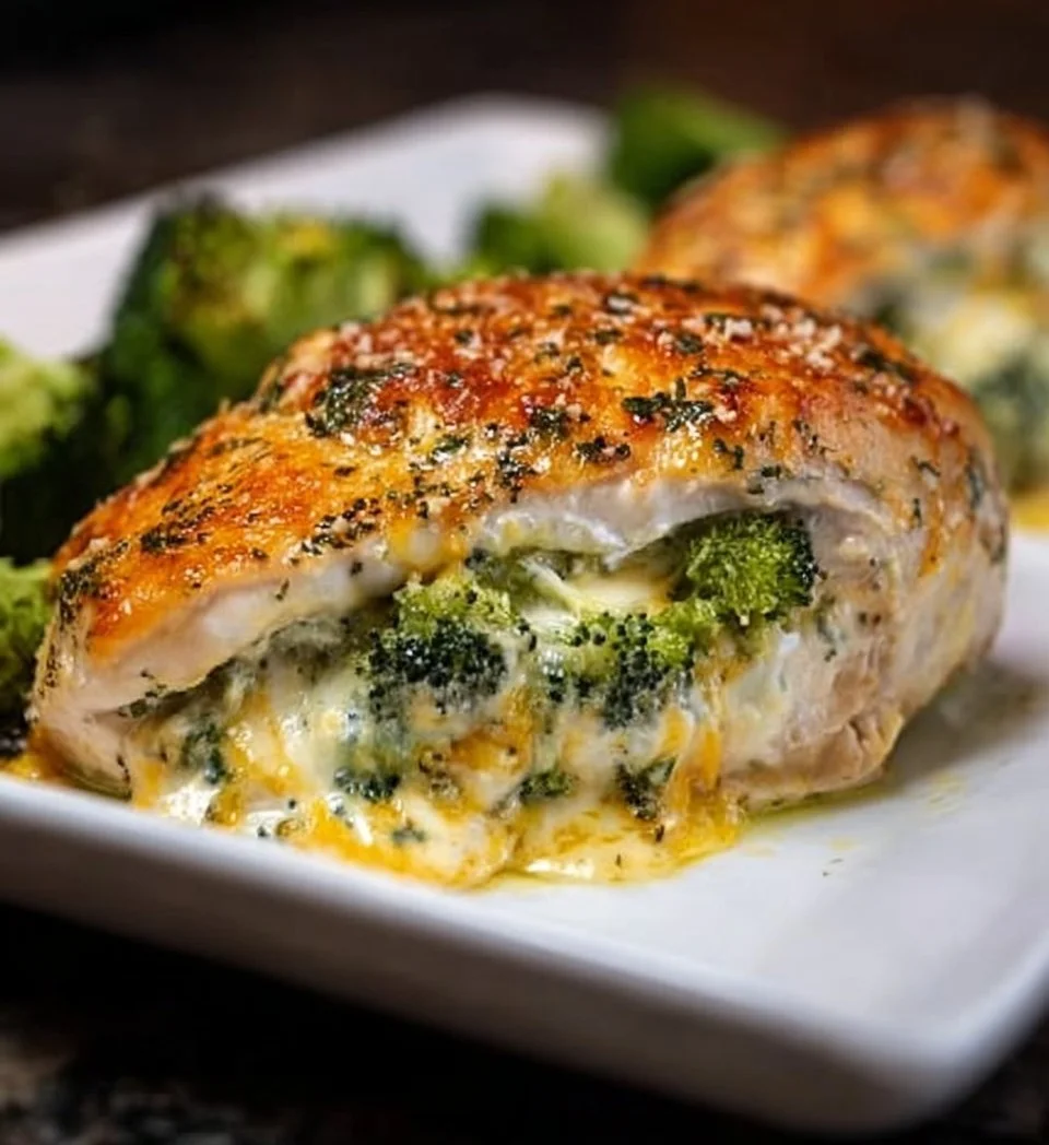 Cream cheese and broccoli stuffed chicken breasts ready to serve
