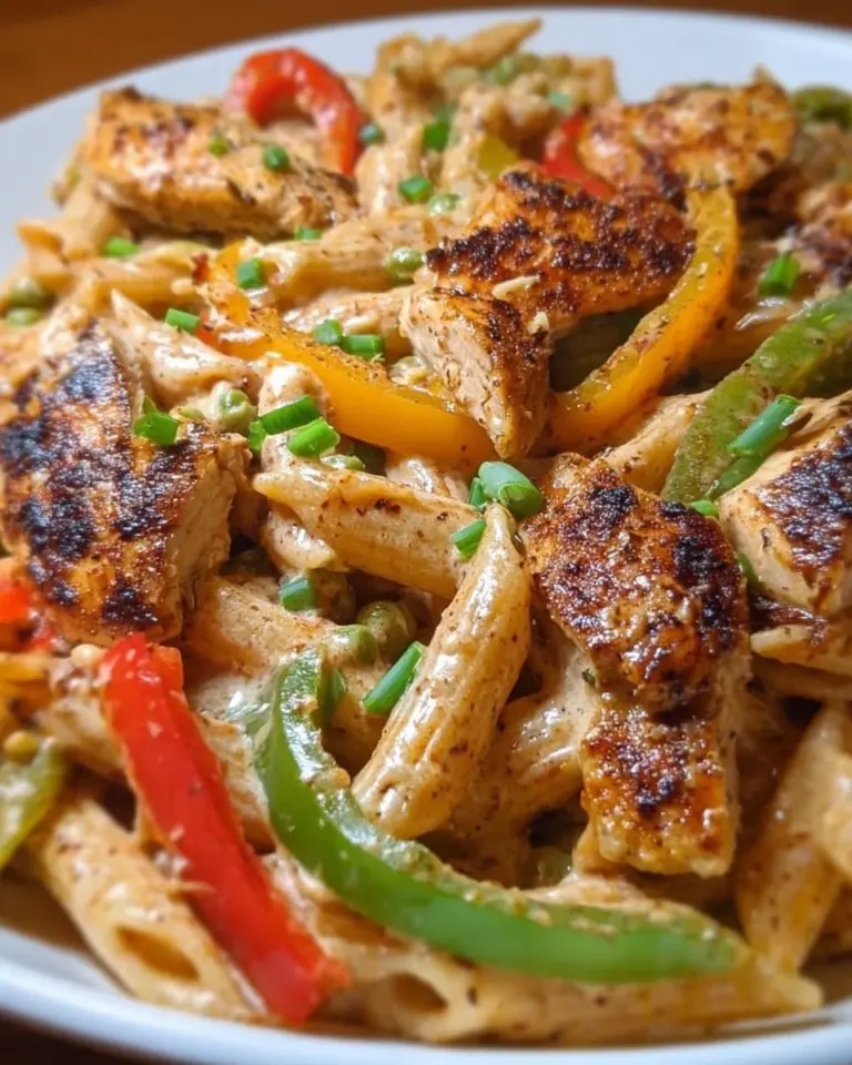 Creamy jerk chicken rasta pasta with vibrant vegetables in a bowl