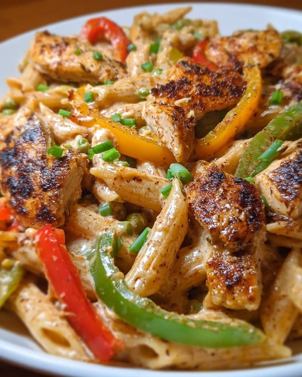 Creamy jerk chicken rasta pasta with vibrant vegetables in a bowl