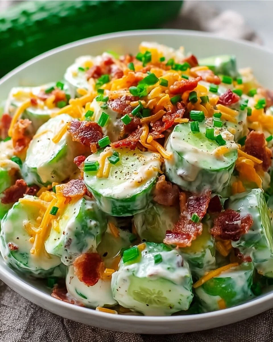 Bowl of Cucumber Ranch Crack Salad garnished with fresh herbs and creamy dressing.