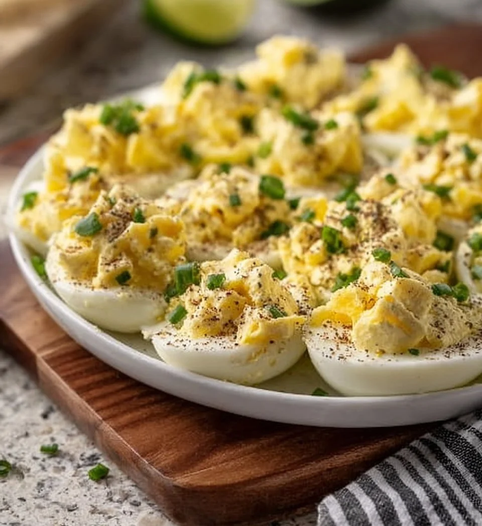 Colorful deviled eggs arranged in a tulip shape on an appetizer platter.