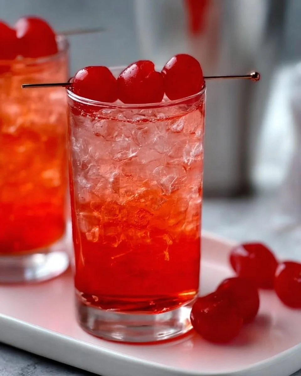 Dirty Shirley Temple Cocktail garnished with cherries and lime