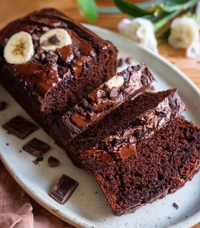 Slice of double chocolate banana bread with chocolate chunks and banana slices
