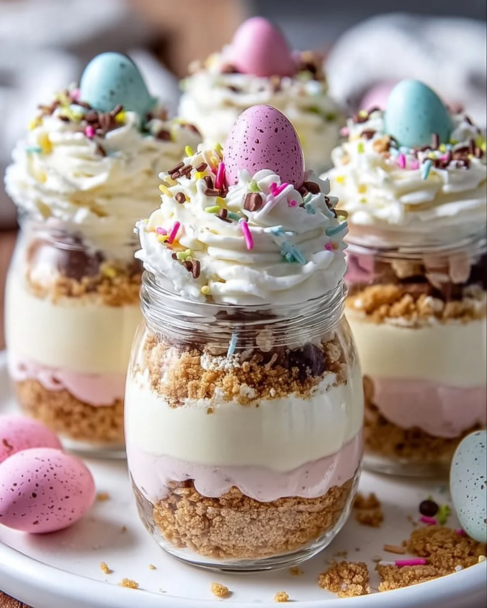 Easter Egg Cheesecake Jars topped with colorful chocolate eggs and whipped cream