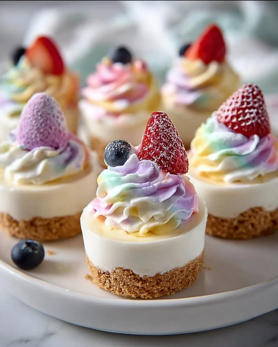 Easter no-bake mini cheesecakes decorated with spring-themed toppings
