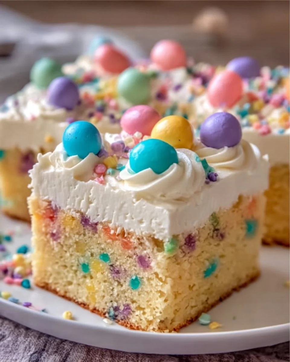 Delicious Easter Poke Cake topped with colorful sprinkles and frosting.