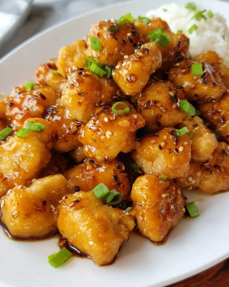 Delicious easy baked orange chicken served on a plate with rice and vegetables.