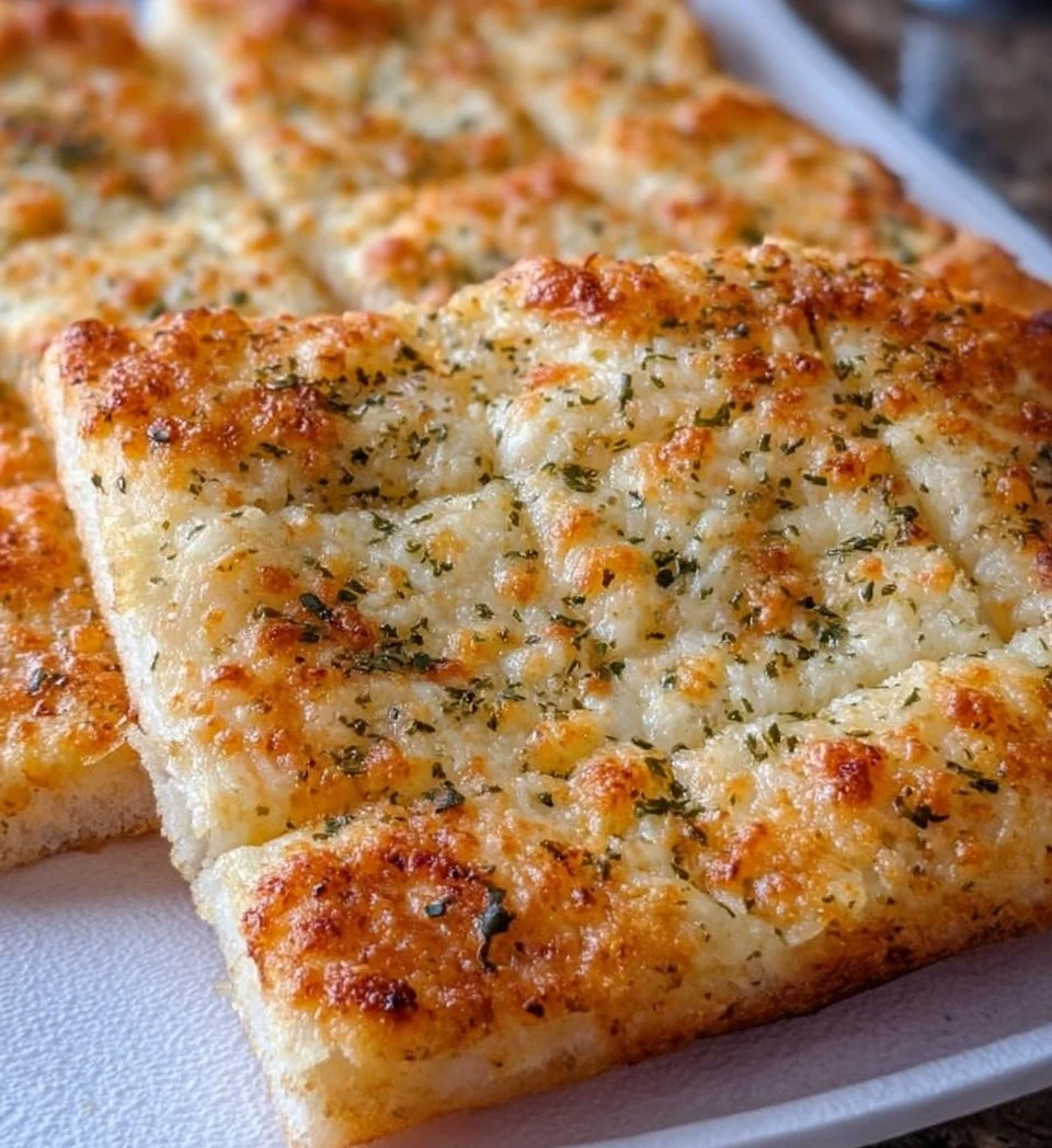 Freshly baked cheesy bread with gooey cheese on top