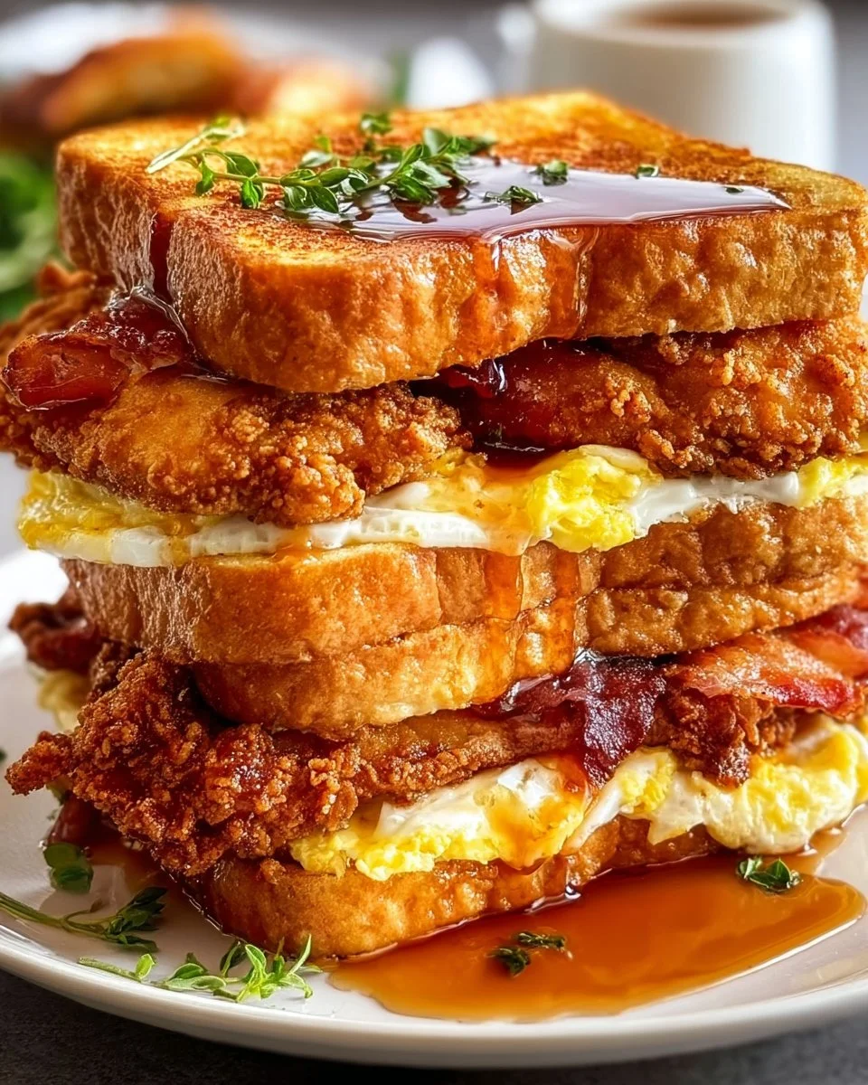 Fried chicken sandwich on fluffy French toast, garnished with syrup and herbs.