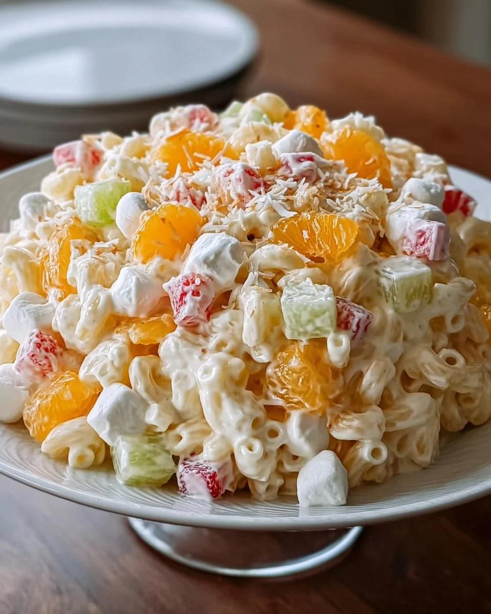 Delicious Frog Eye Salad with fruits and creamy dressing in a serving bowl.