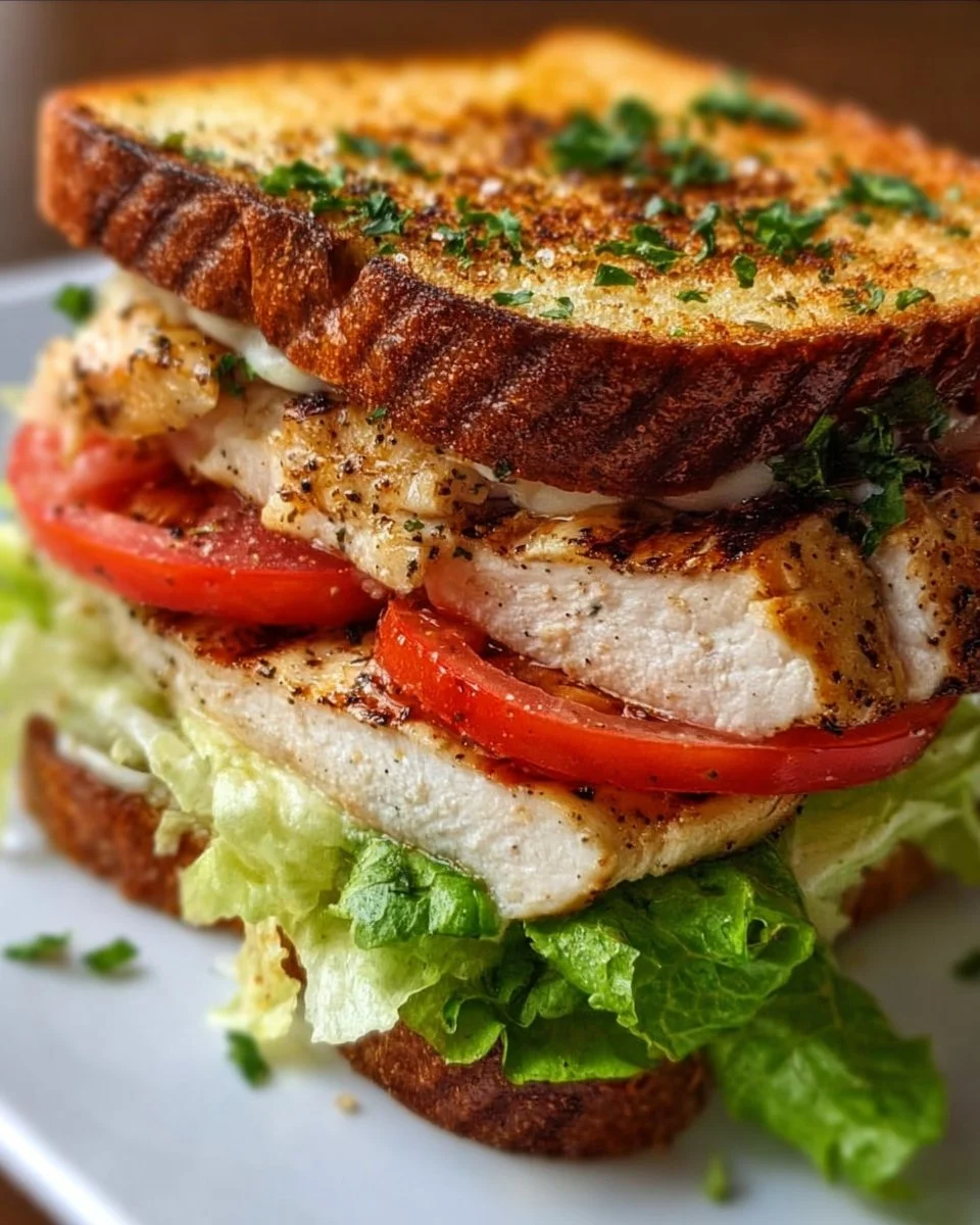 Garlic butter lettuce, tomato, and grilled chicken sandwich ready to enjoy