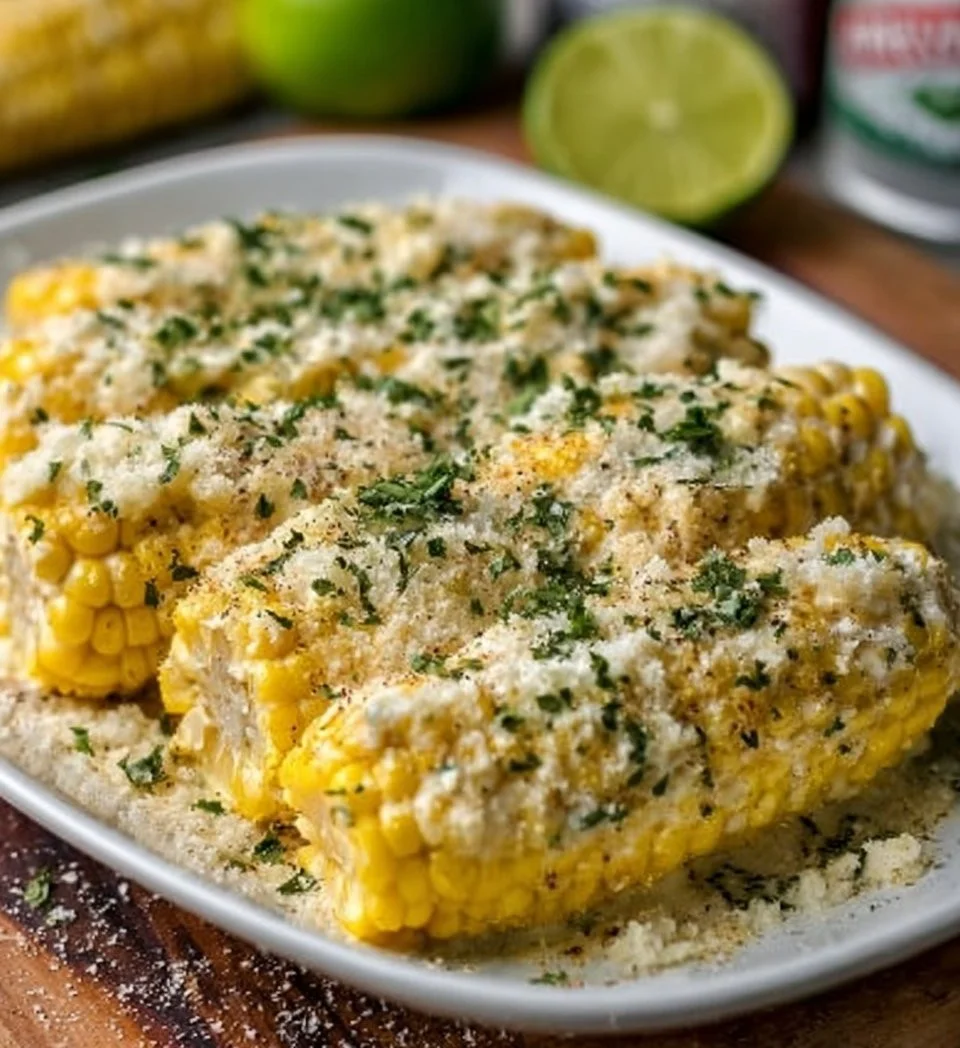 Delicious Garlic Parmesan Creamed Corn on the Cob served as a side dish