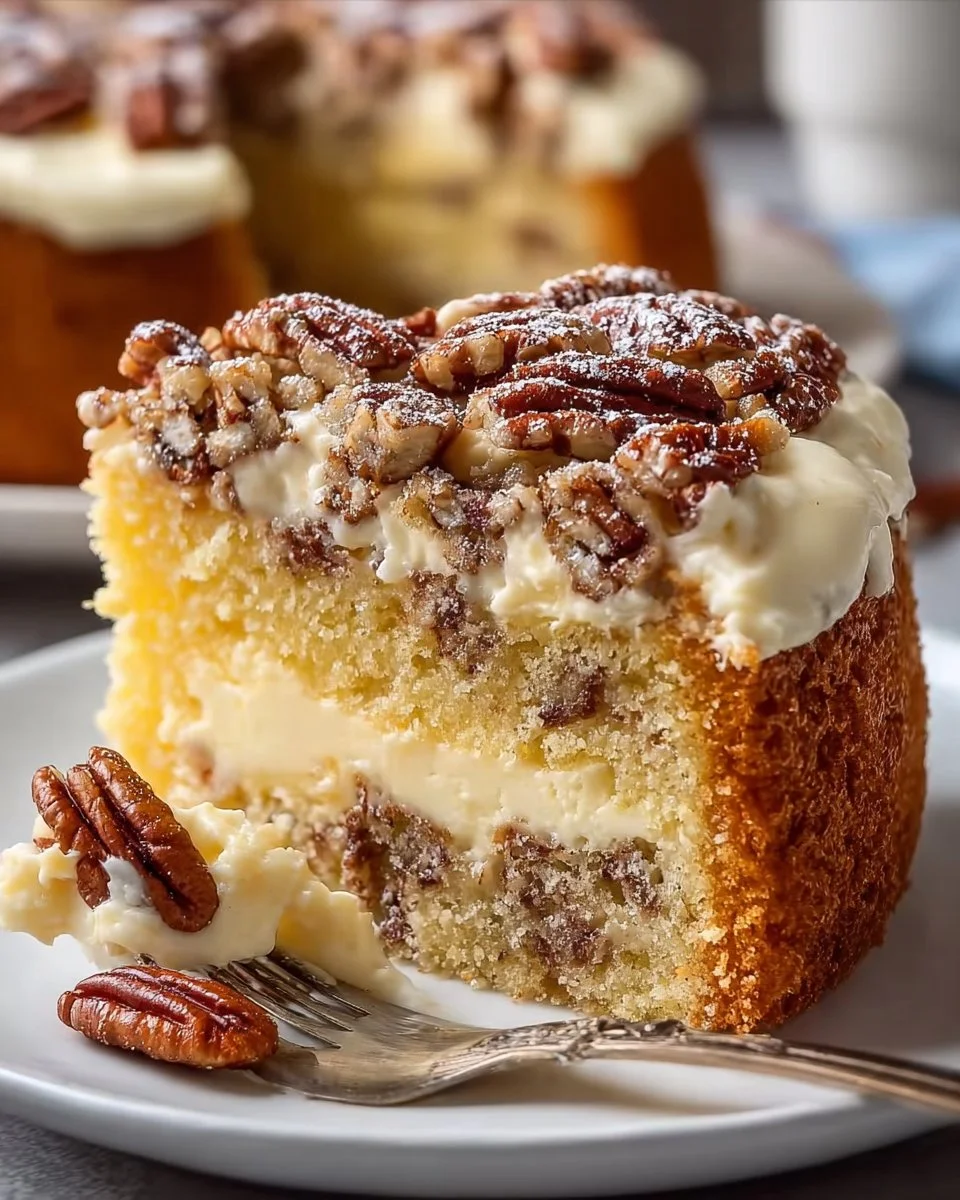 Decadent Gooey Butter Pecan Cake decorated with pecans and drizzled with caramel