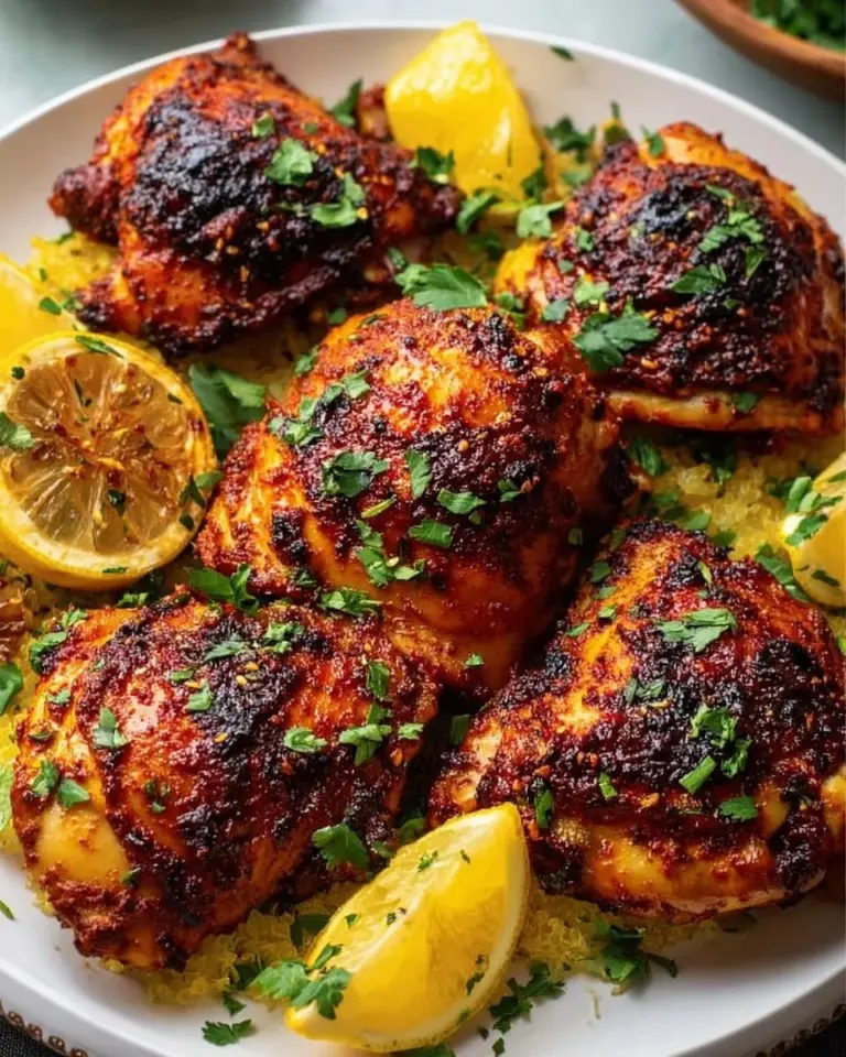 Plate of spicy Harissa Chicken garnished with herbs and spices