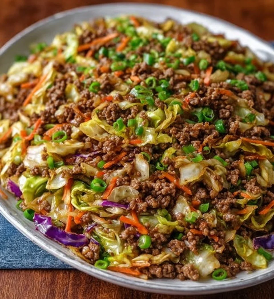 Healthy Chinese ground beef and cabbage stir fry served in a bowl