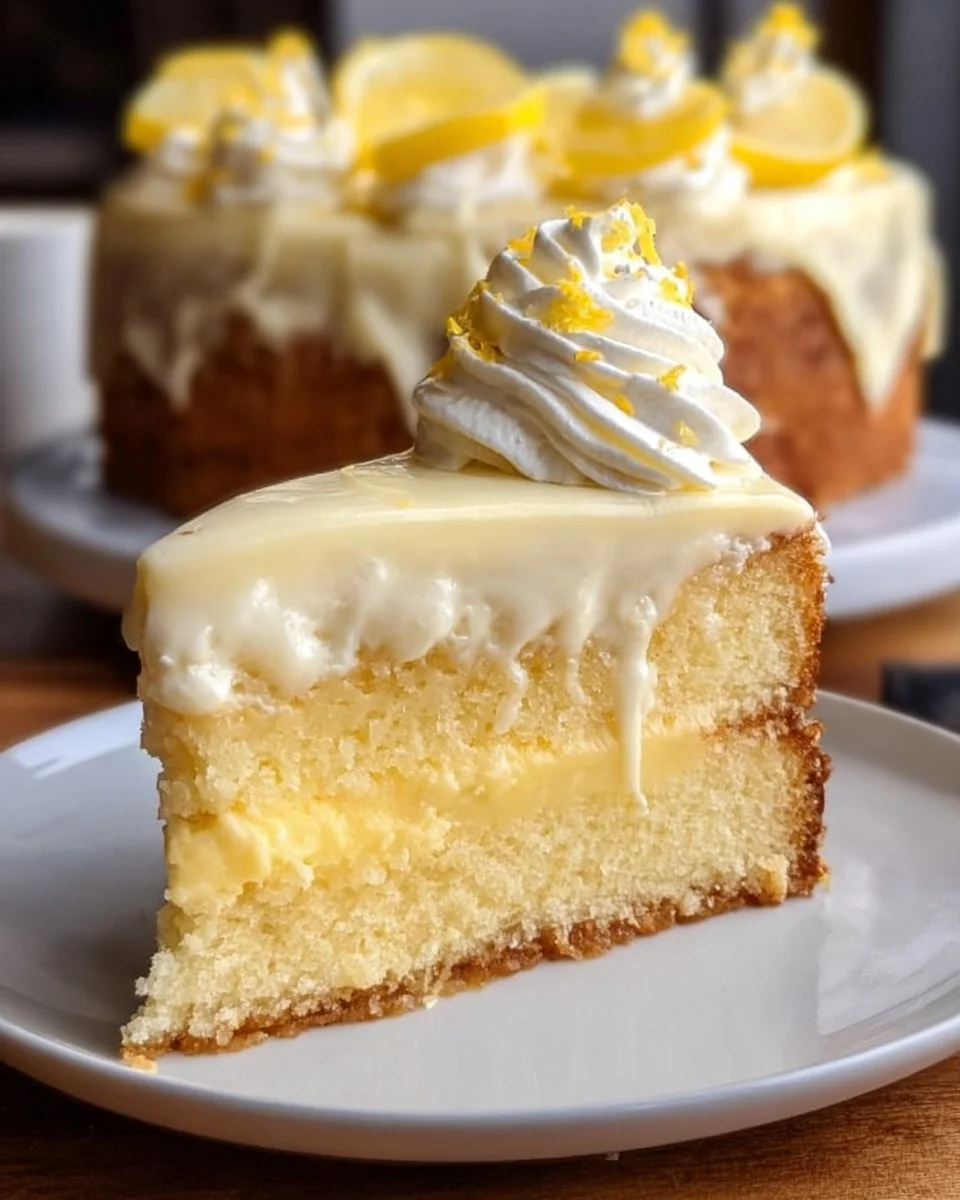Heavenly Lemon Cheesecake Cake with Cream Cheese Frosting on a serving plate