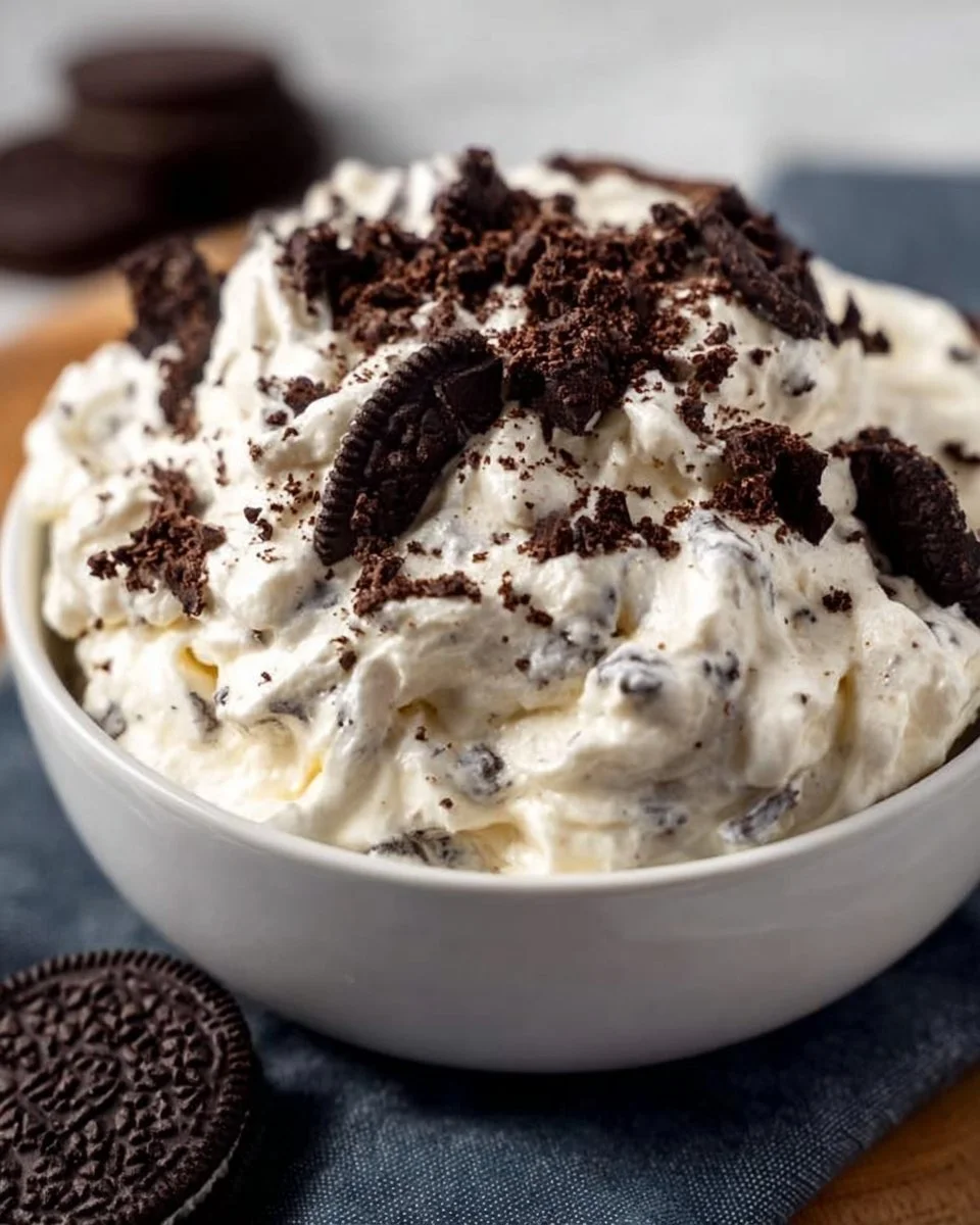 High Protein Oreo Fluff dessert topped with crushed Oreos