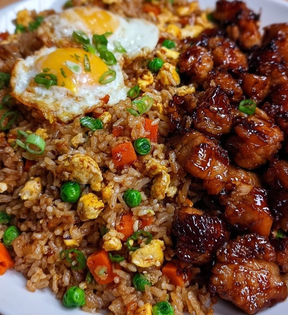 Homemade chicken fried rice plate with colorful vegetables and chicken pieces