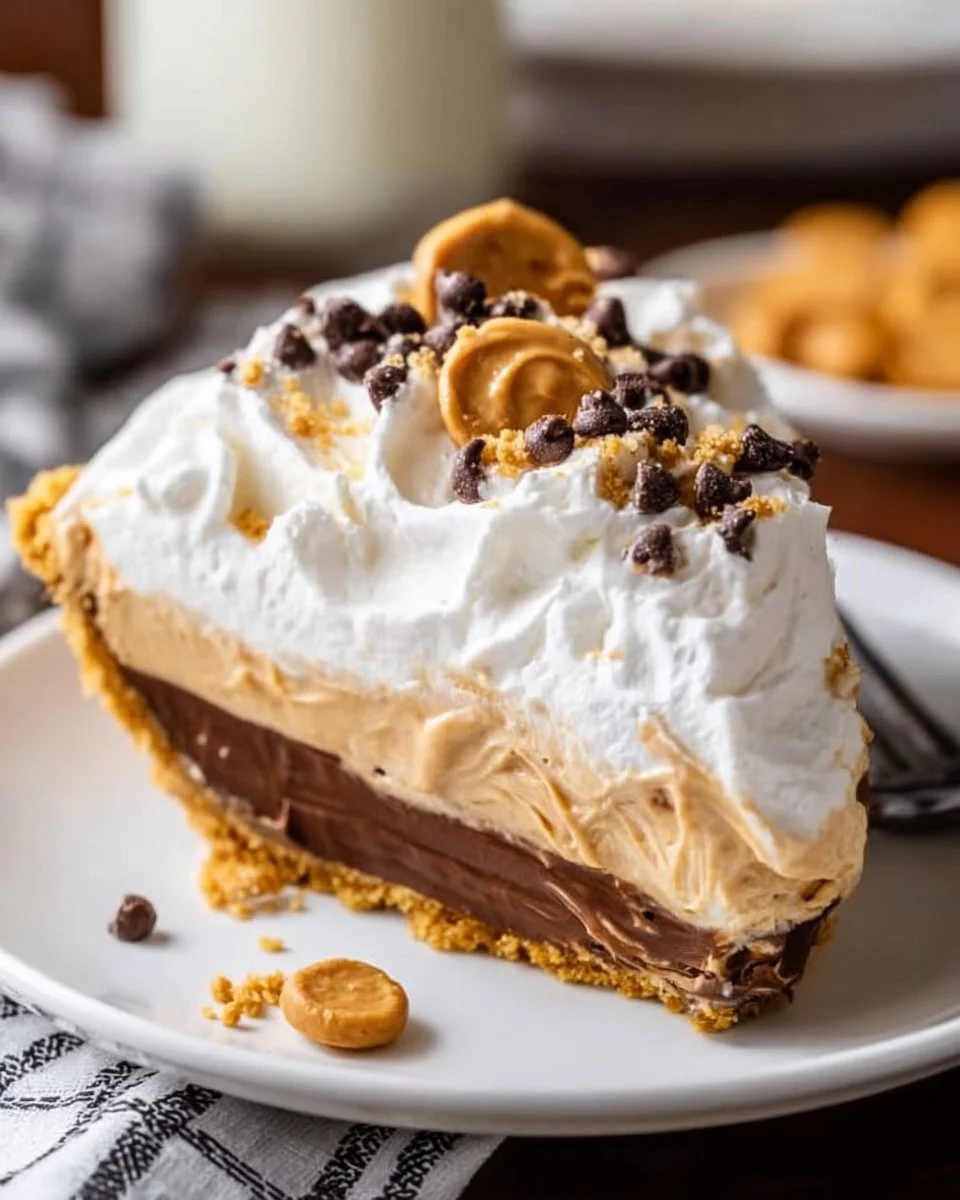Homemade peanut butter pudding pie topped with whipped cream and chocolate drizzle
