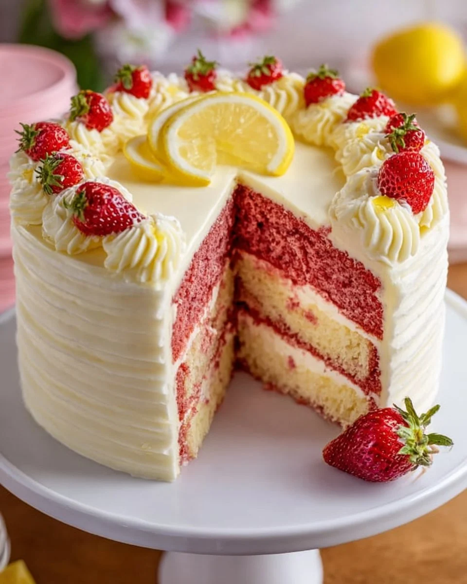 Homemade strawberry cake with lemon frosting on a beautiful display plate.