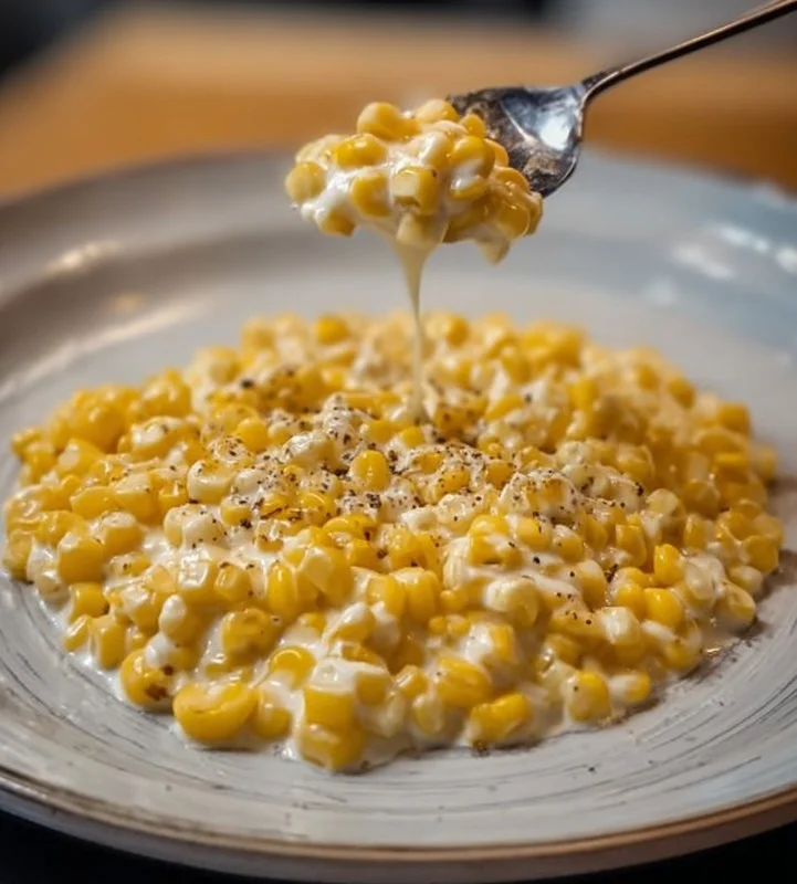 Honey creamed corn dish topped with honey drizzle and herbs