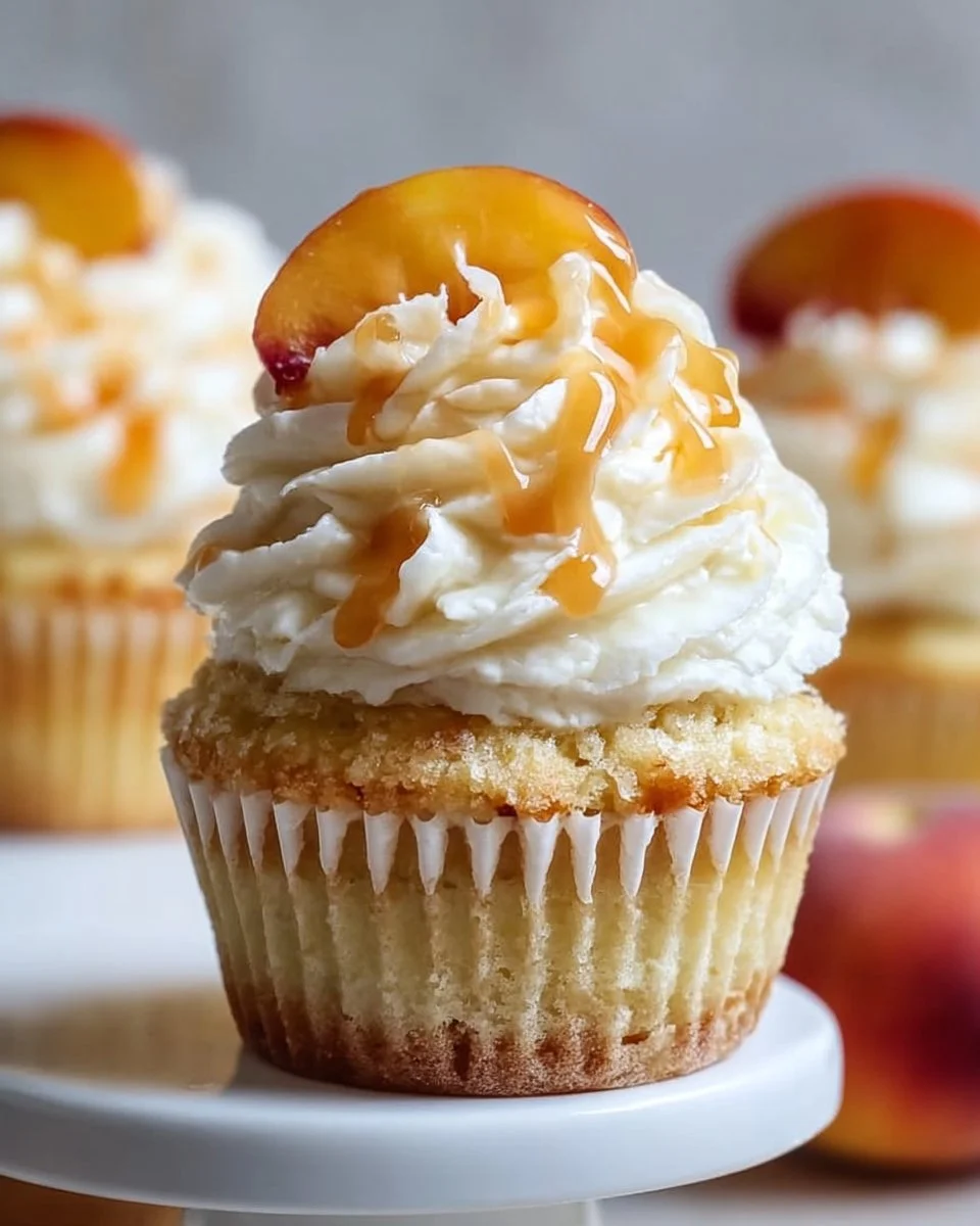 Honey peach cream cheese cupcakes topped with creamy frosting and fresh peaches