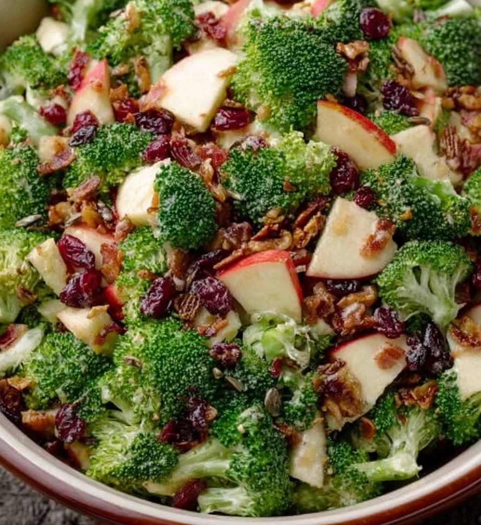 Fresh Honeycrisp Broccoli Salad with vibrant vegetables and dressing