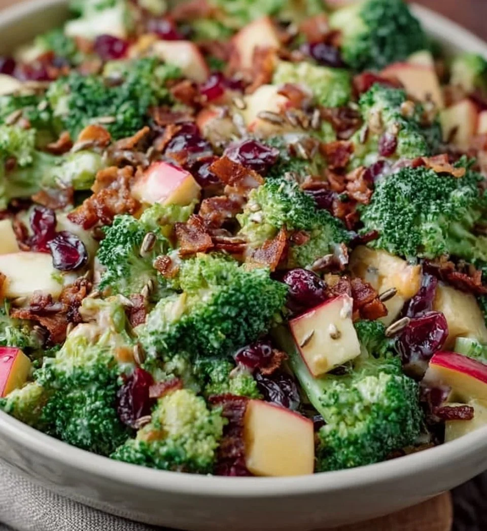 Honeycrisp Broccoli Salad with fresh ingredients in a bowl