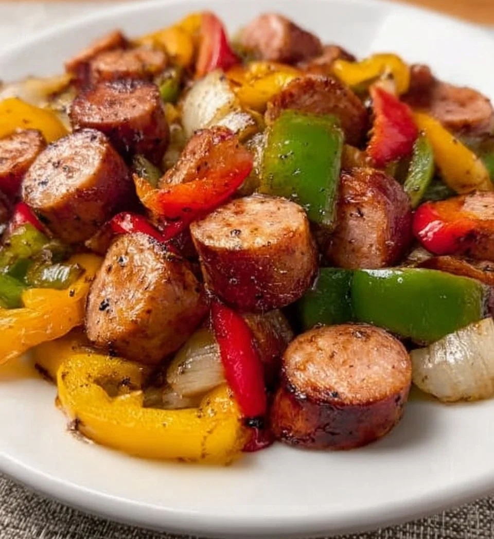 Kielbasa sausage and pepper bake in a baking dish, ready to serve.