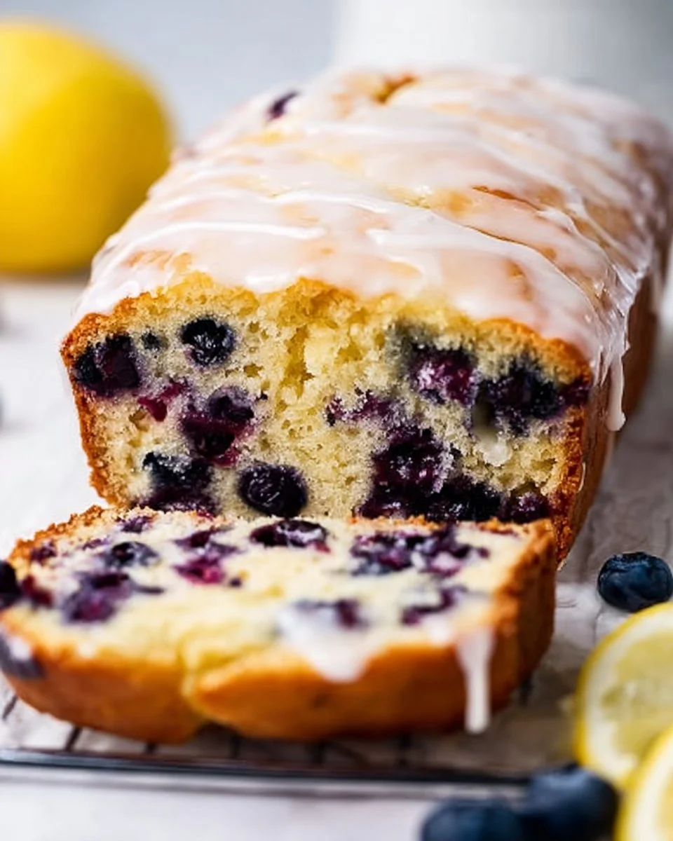 Loaf of lemon blueberry bread topped with lemon glaze and fresh blueberries