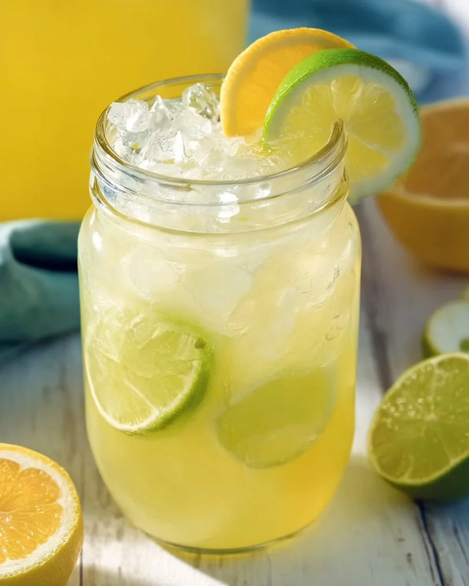 A vibrant Lemon Lime Vodka Party Punch served in a glass with fruit garnishes.
