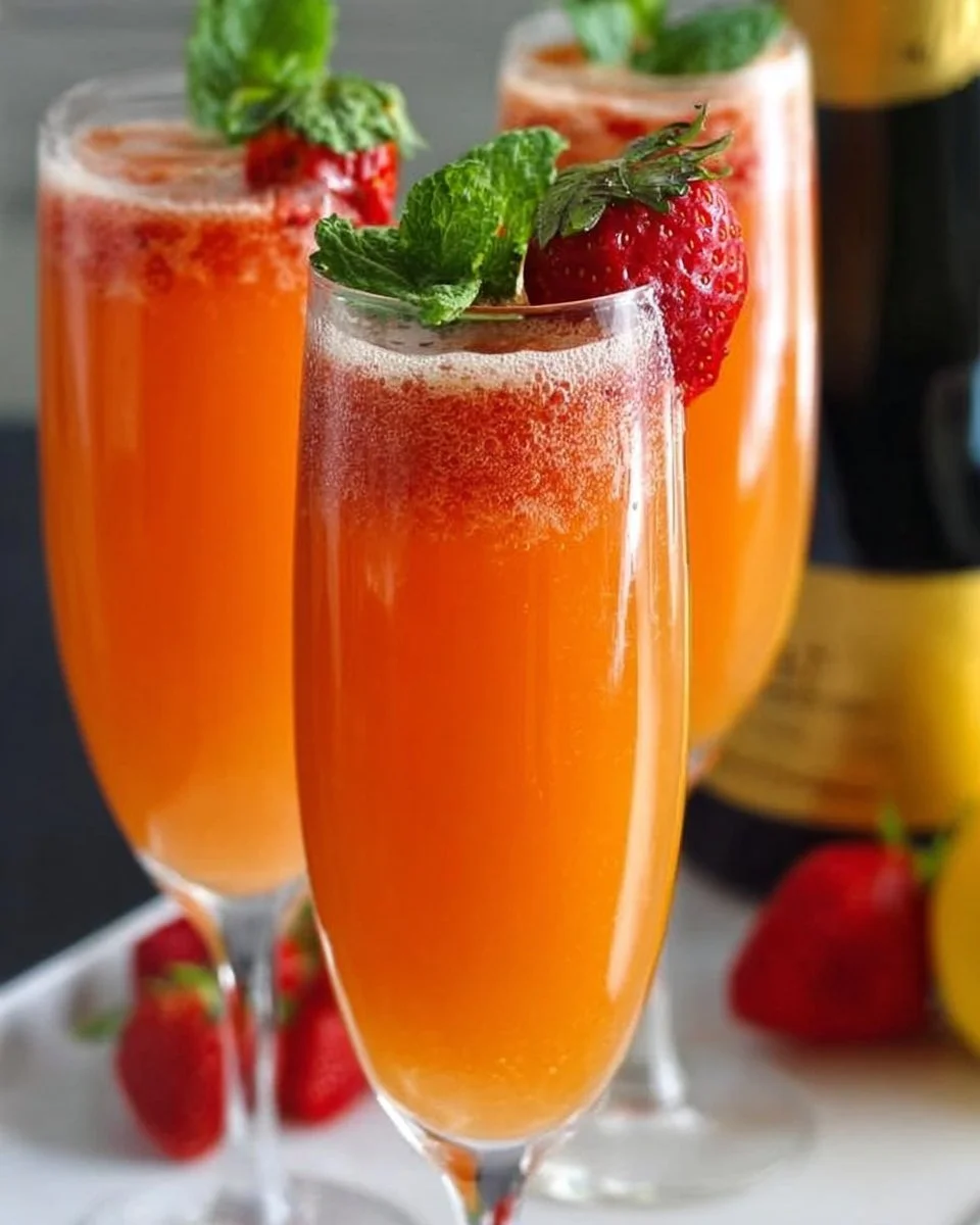 Refreshing Lemon Strawberry Mimosa served in a glass with fresh strawberries and lemon slices