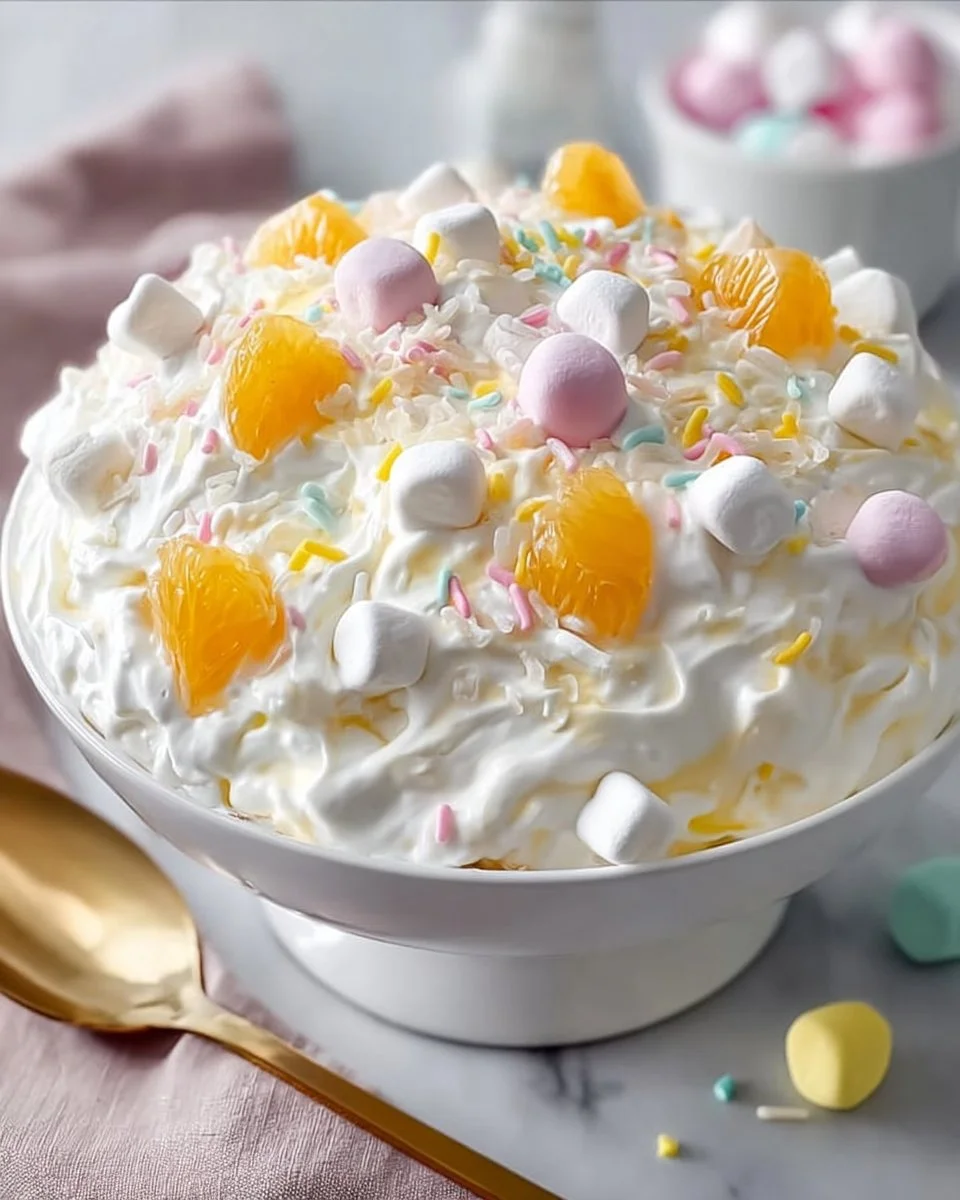 Colorful Marshmallow Easter Fluff Salad served in a bowl
