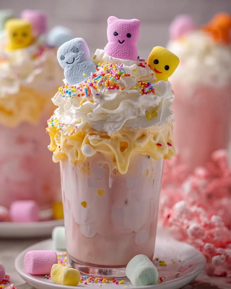 Delicious Marshmallow Milkshake topped with colorful Peeps marshmallows
