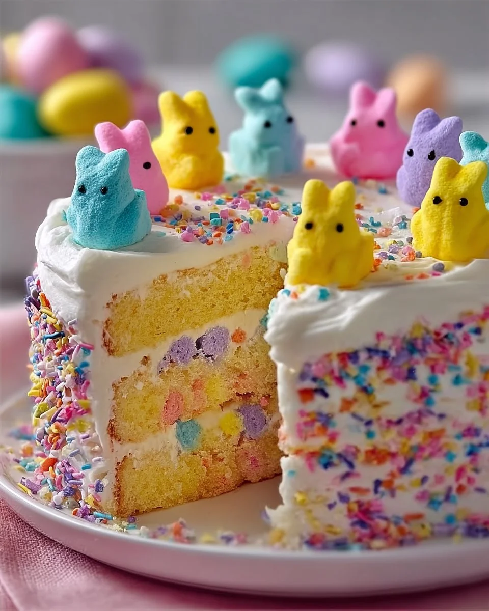 Colorful Marshmallow Peeps Easter Cake decorated for spring celebration