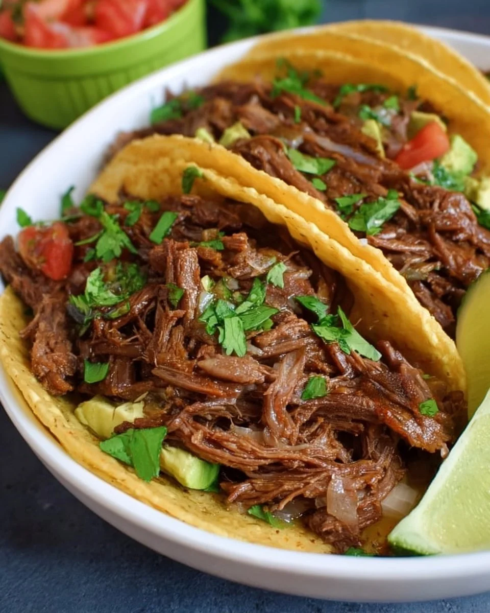 Delicious Mexican Crockpot shredded beef tacos served with fresh toppings