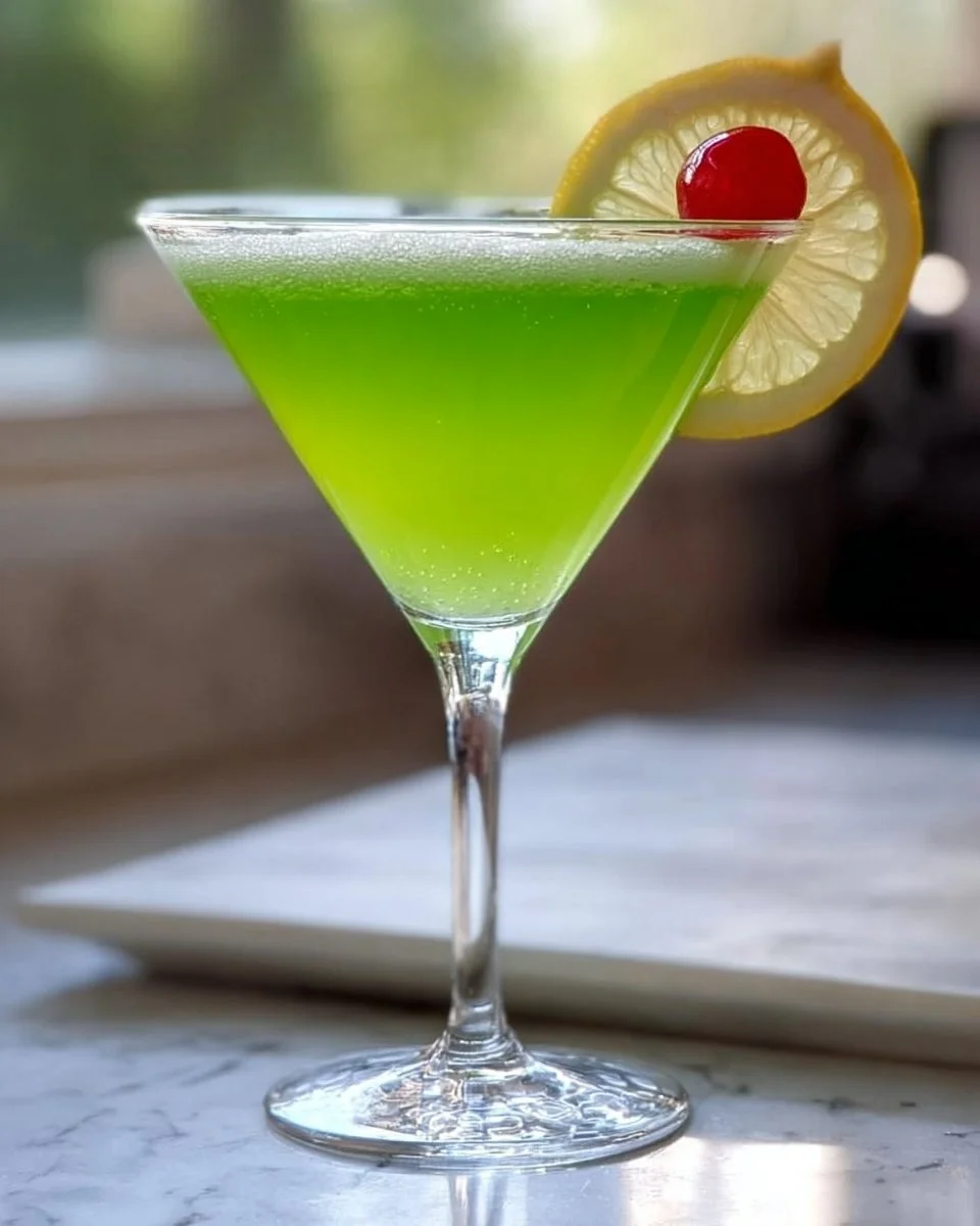 A vibrant Midori Sour Martini garnished with a slice of lime, showcasing its bright green color.