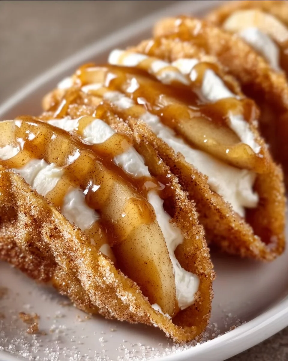 Mini apple cheesecake tacos topped with caramel and whipped cream.