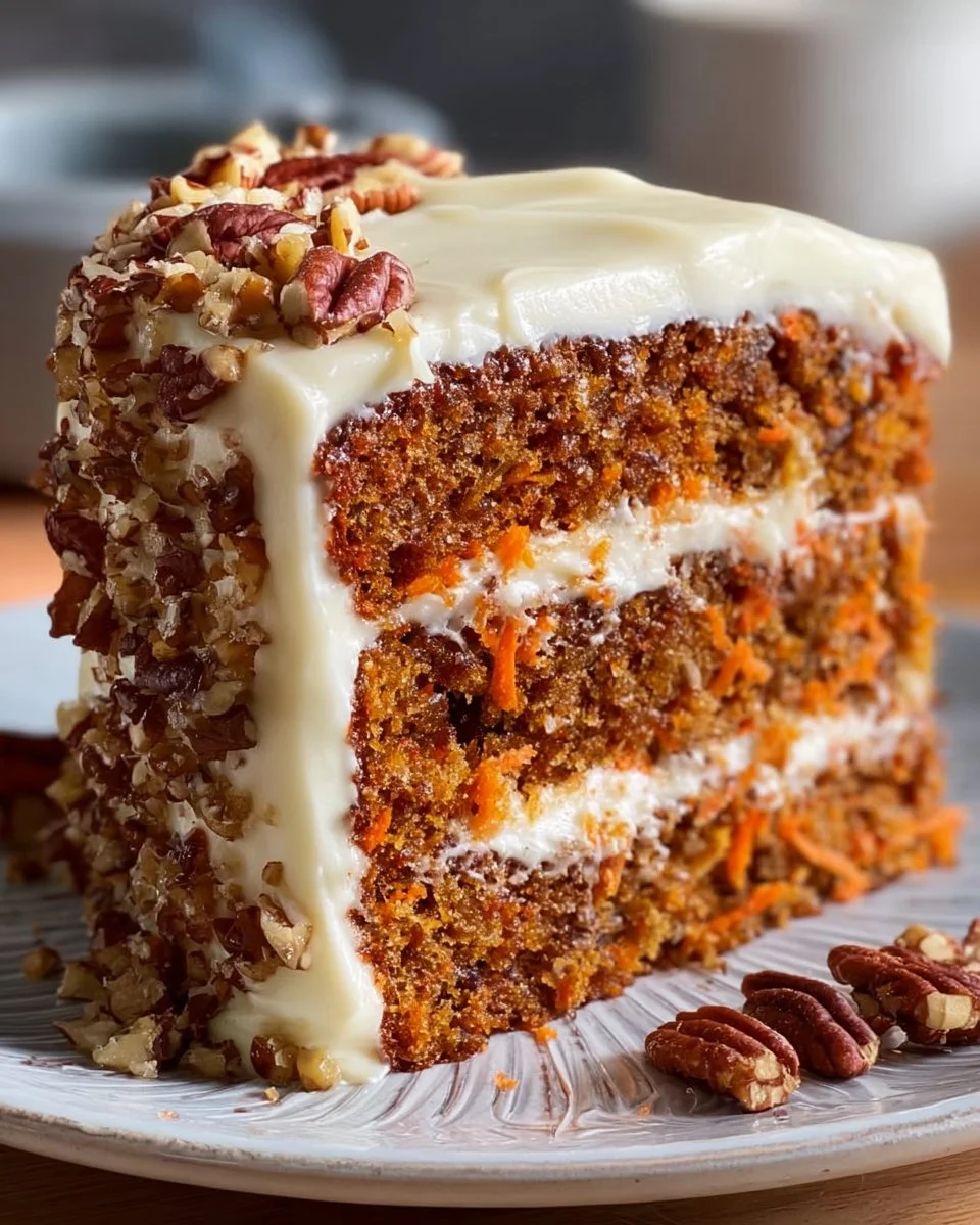Moist homemade carrot cake topped with cream cheese frosting and walnuts.